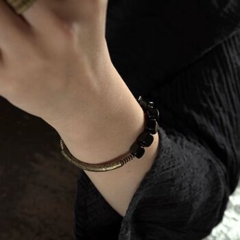 Bracelet de perles bloc d’obsidienne noire épaisse avec bracelet en bronze 5
