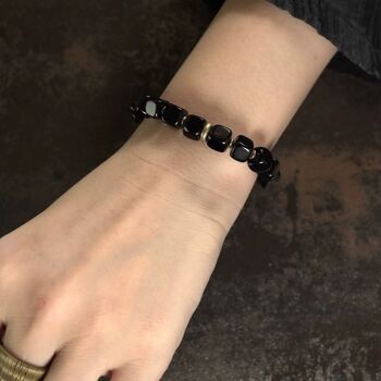 Bracelet de perles bloc d’obsidienne noire épaisse avec bracelet en bronze 6