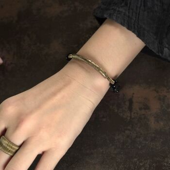Bracelet de perles bloc d’obsidienne noire épaisse avec bracelet en bronze 7
