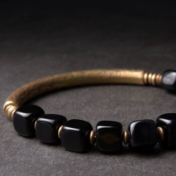 Bracelet de perles bloc d’obsidienne noire épaisse avec bracelet en bronze 8