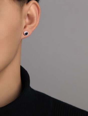Clous d'oreilles ronds en émail noir, design intemporel, couleur argent 6