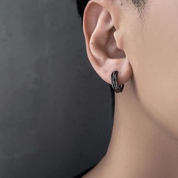 Petits cerceaux d'oreilles à lignes croisées, design détaillé, noir et argent 6