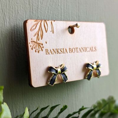 Gold Matte Black Ribbon Stud Earrings