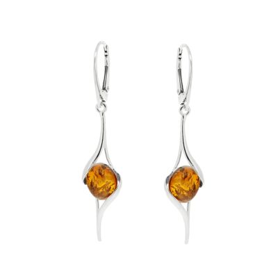 Boucles d'oreilles longues torsadées en ambre cognac avec boîte de présentation