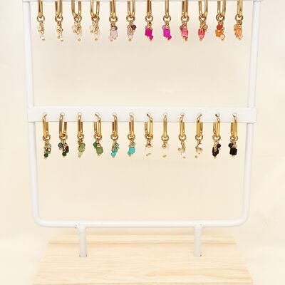 Set of 12 pairs of rectangle hoop earrings with colored natural stones