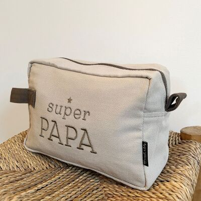 Large Embroidered Toiletry Bag "Super Papa" Mastic - Father's Day