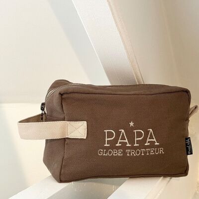 Grande Trousse De Toilette Brodée " Papa Globe" Marron Glacé - Fête des pères