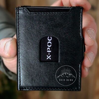 Porta carte di credito X-POC in vera pelle "Montagna + Nome" Personalizzabile