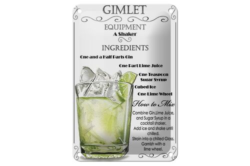 Blechschild Alkohol 12x18cm Gimlet Equipment ingredients Dekoration