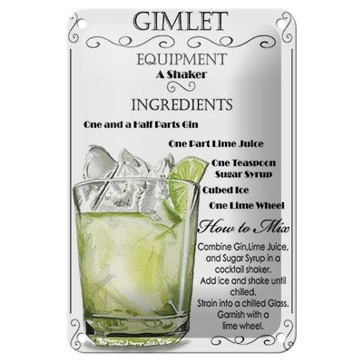 Cartel de chapa Alcohol 12x18cm Gimlet Equipo ingredientes Decoración