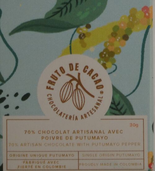 Fruto de Cacao Mini Tablette Chocolat 70% poivre Putumayo