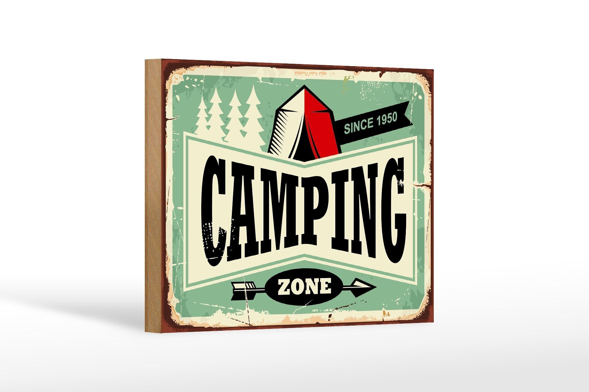 Cartello in legno retrò 18x12 cm Camping Zone Outdoor Adventure Decorazione
