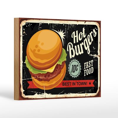 Cartel de madera retro 18x12 cm hot burgers best in town decoración
