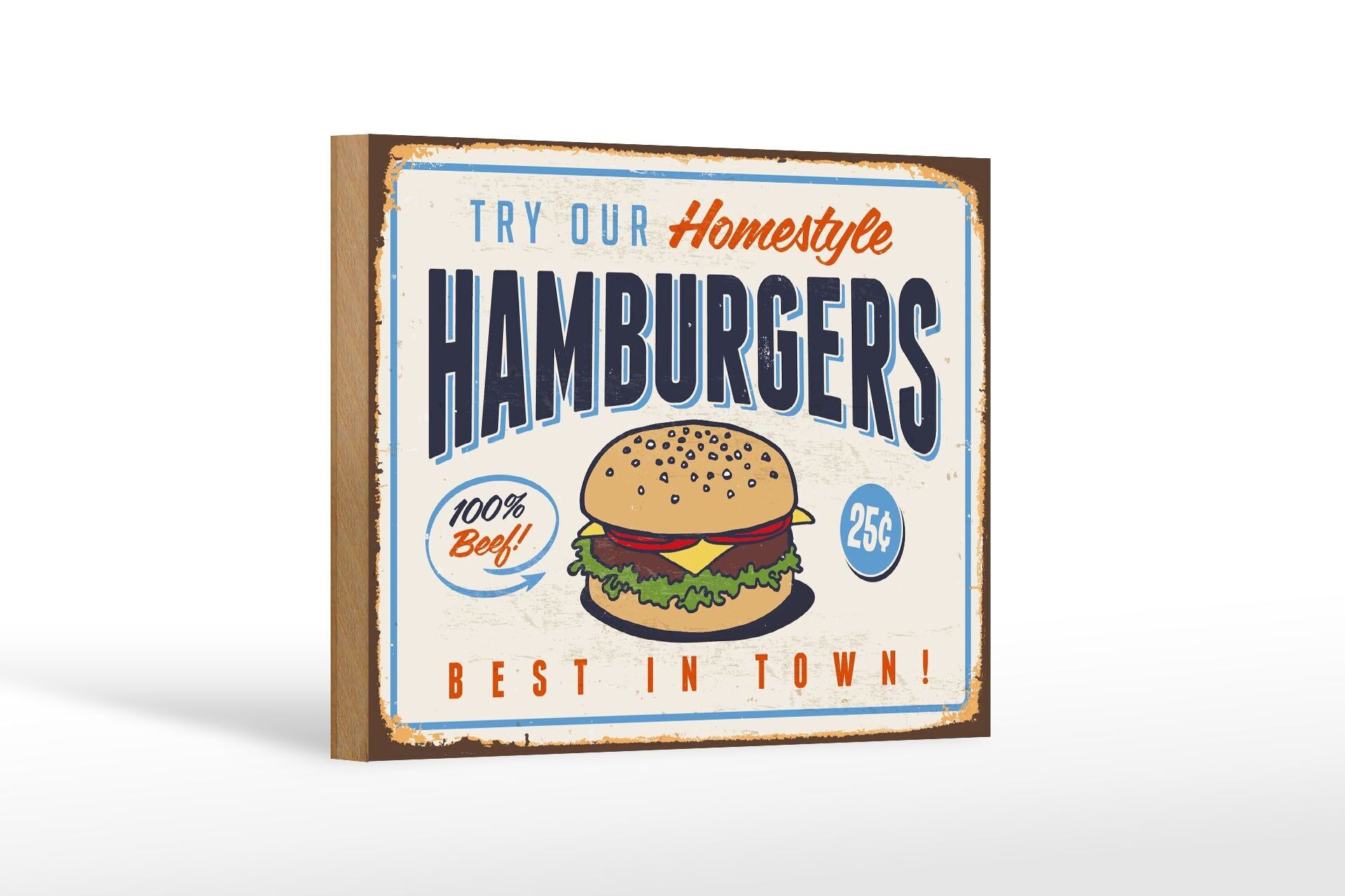 Wooden sign retro 18x12 cm hamburgers best in town decoration
