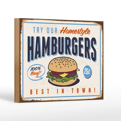 Panneau en bois rétro 18x12 cm décoration hamburgers best in town