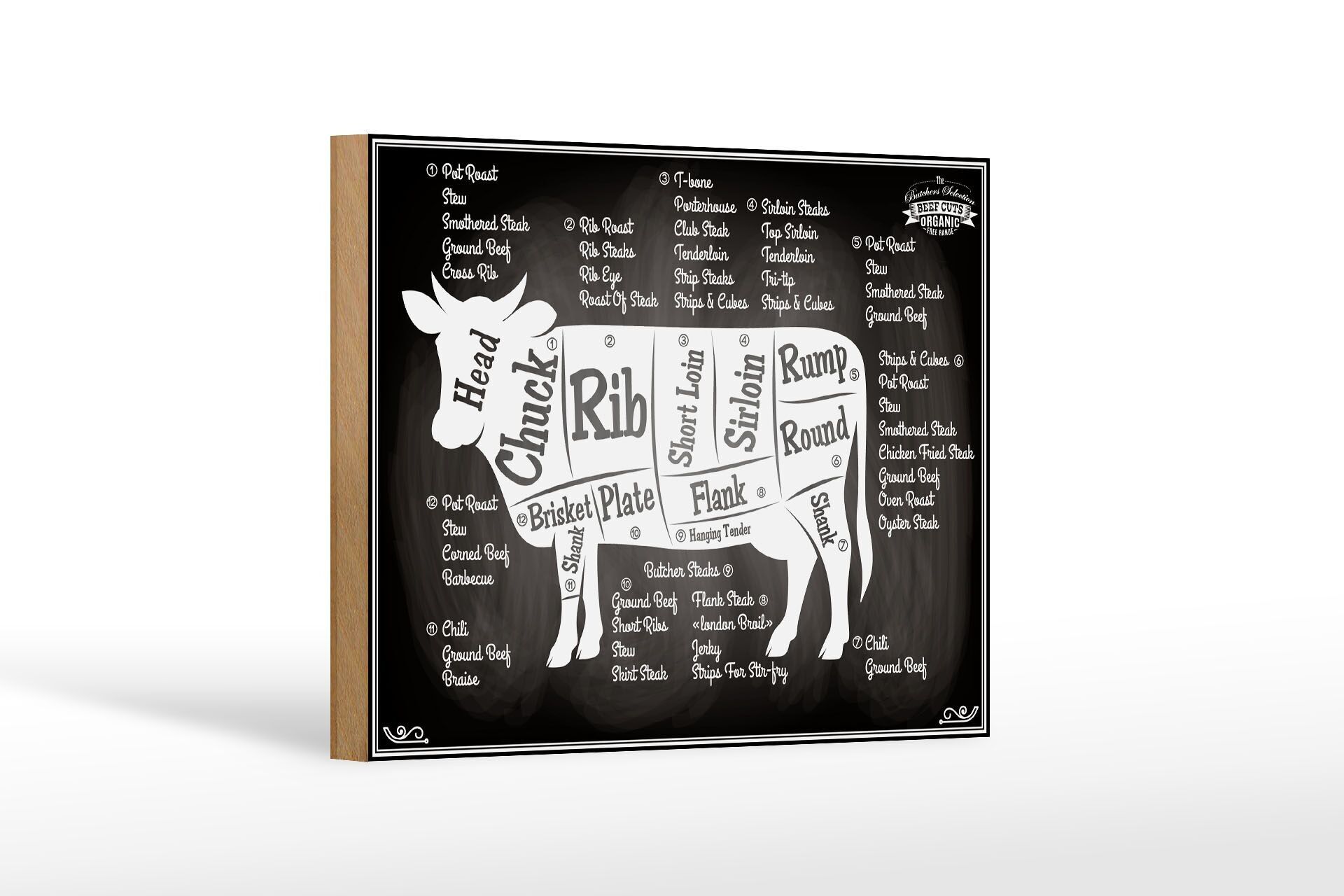 Cartello in legno mucca 18x12 cm Tagli di manzo carne biologica macelleria