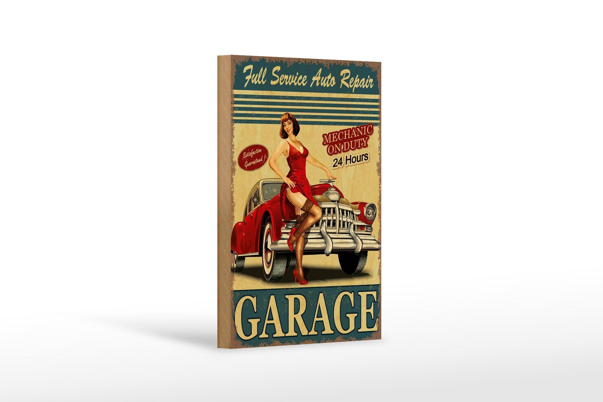 Cartello in legno Pinup 12x18 cm Garage Servizio completo Riparazione auto Decorazione