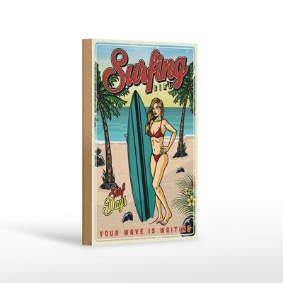 Cartello in legno retrò 12x18 cm Pin Up Surfing Girl Summer Party