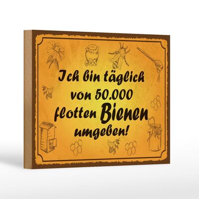 Wooden sign saying 18x12cm surrounded by 50000 lively bees