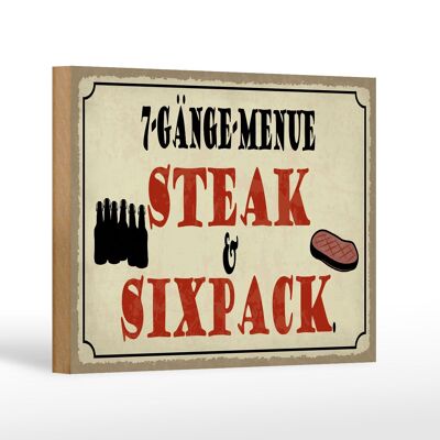 Panneau en bois indiquant 18x12cm menu 7 plats steak six pack grill