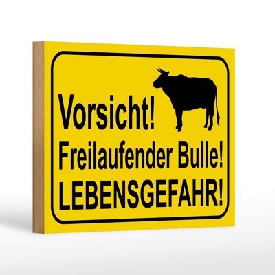 Cartel de madera aviso 18x12 cm Decoración Cuidado con el toro que corre libremente