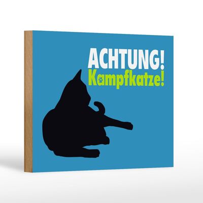 Holzschild Spruch 18x12 cm Achtung Kampfkatze Katze blau Dekoration