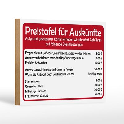 Letrero de madera que dice tablero de precios de 18x12 cm para decoración de información.