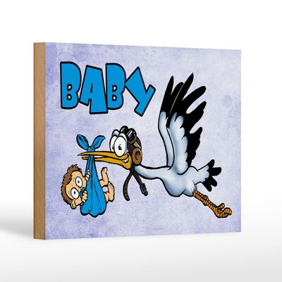 Cartel de madera bebé 18x12cm cigüeña trae niño decoración azul