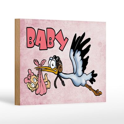 Cartel de madera bebé 18x12cm cigüeña trae niño decoración rosa