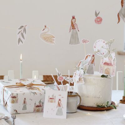 Grand set de fête "Princesse" | Ensemble de décoration de fête, thème d'anniversaire pour enfants, décoration de gâteau, guirlande d'invitation, papier d'emballage | COEUR et PAPIER