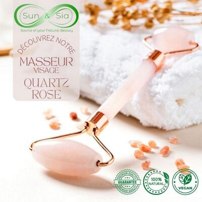 Rodillo de masaje - Cuarzo rosa - Piedra natural - Accesorio de belleza y masaje - Tez brillante y reafirmante - Funda incluida