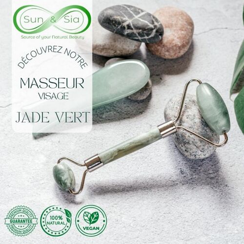 Rouleau Massage – Pierre de Jade Vert – Outil Lifting Visage – Accessoire Beauté Bien-Etre – Housse Fournie