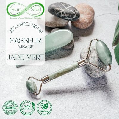 Rodillo de masaje - Piedra de jade verde - Herramienta de estiramiento facial - Accesorio de belleza para el bienestar - Funda incluida