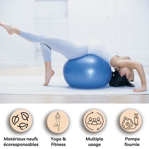 Ballon de Yoga et Fitness Taille M 65 cm Bleu – Pompe Fournie – Résistant et Multi Usages – Gym Ball - Adhérence Optimale