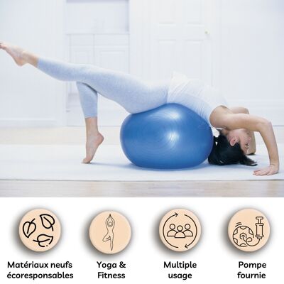 Ballon de Yoga et Fitness Taille M 65 cm Bleu – Pompe Fournie – Résistant et Multi Usages – Gym Ball - Adhérence Optimale