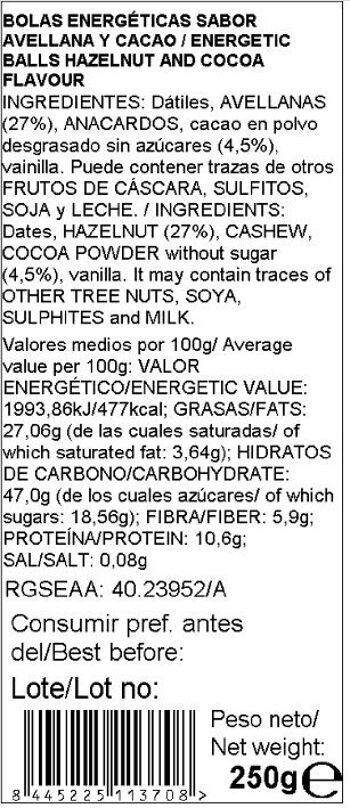 Bolitas energéticas de cacao y avellanas 250g - Snack saludable 6