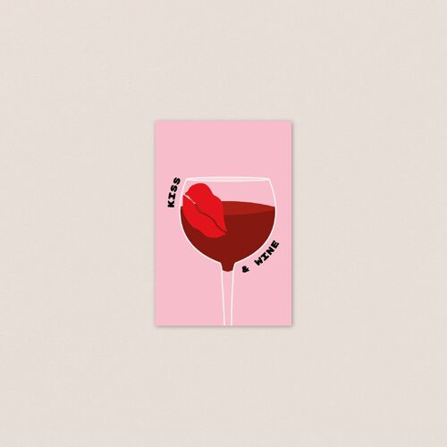 Carte postale Bisous Kiss and Wine rouge - Carte festive et stylée- Carte illustrée - Les amoureux du vin