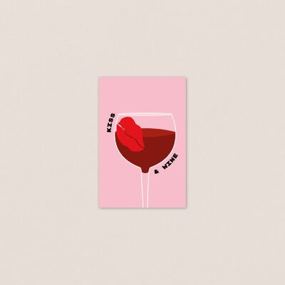 Postkarte Kisses Kiss and Red Wine – Festliche und stilvolle Karte – Illustrierte Karte – Weinliebhaber