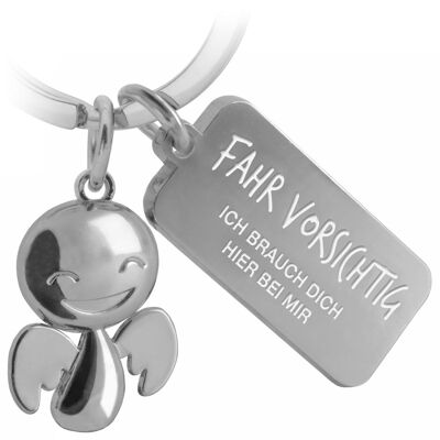 "Happy" Guardian Angel Keychain - Lucky Charm with Engraved Message "Drive Carefully"