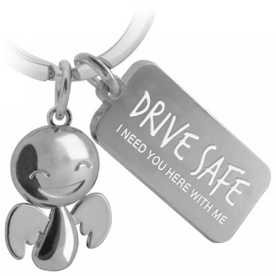 "Happy" guardian angel keychain - lucky charm with message engraving "Drive safe"