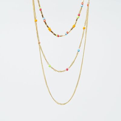 Collier 3 en 1 avec perles arc-en-ciel et fine chaîne dorée
