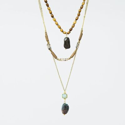 Ethnische 3 in 1 Halskette mit großen Steinen und natürlichen Perlen