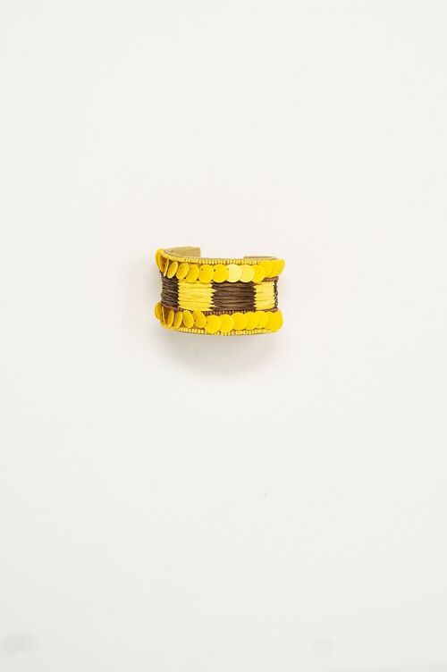 Yellow and Brown Thick Open Bracelet Wtih Yellow Bead Accents