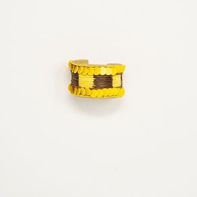 Yellow and Brown Thick Open Bracelet Wtih Yellow Bead Accents