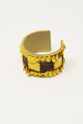 Bracelet ouvert épais jaune et marron avec accents de perles jaunes 3