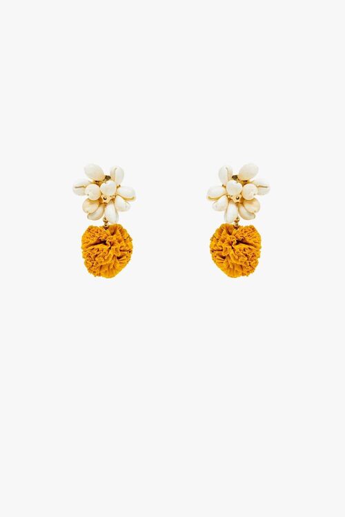 Earrings With Cream Seashells and Yellow Pom Poms