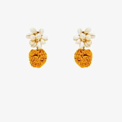 Earrings With Cream Seashells and Yellow Pom Poms