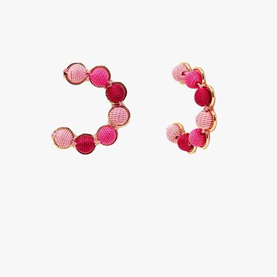Gold Hoop Earring With Woolen Spheres in Pink and Fuchsia