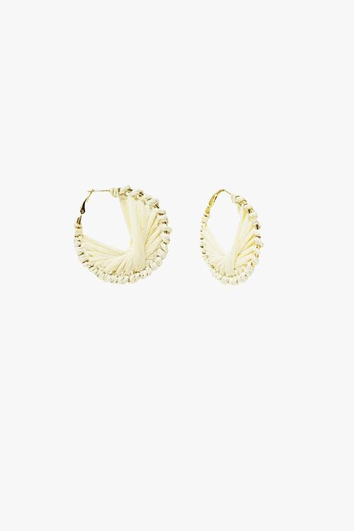 Cream Round Woven Earrings With Intertwined Motive