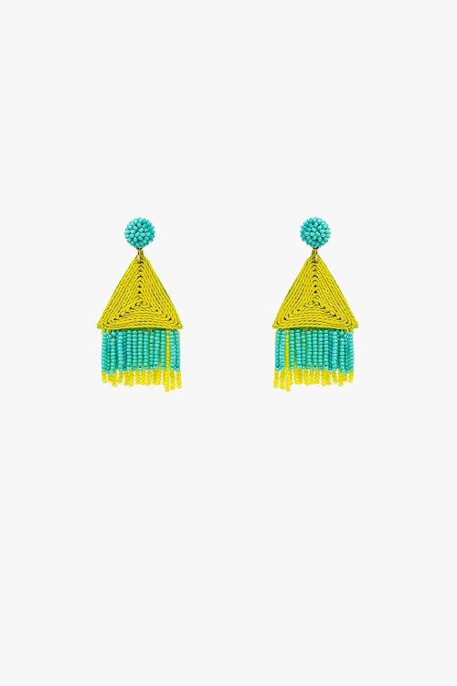 Turquoise Drop Earings With Lime Pyramid and Fringe